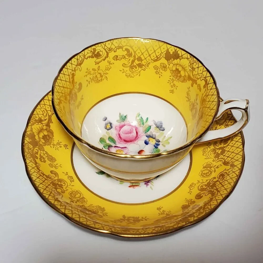 Hammersley Teacup and Saucer Yellow Pink Blue Flowers Bone China Vintage